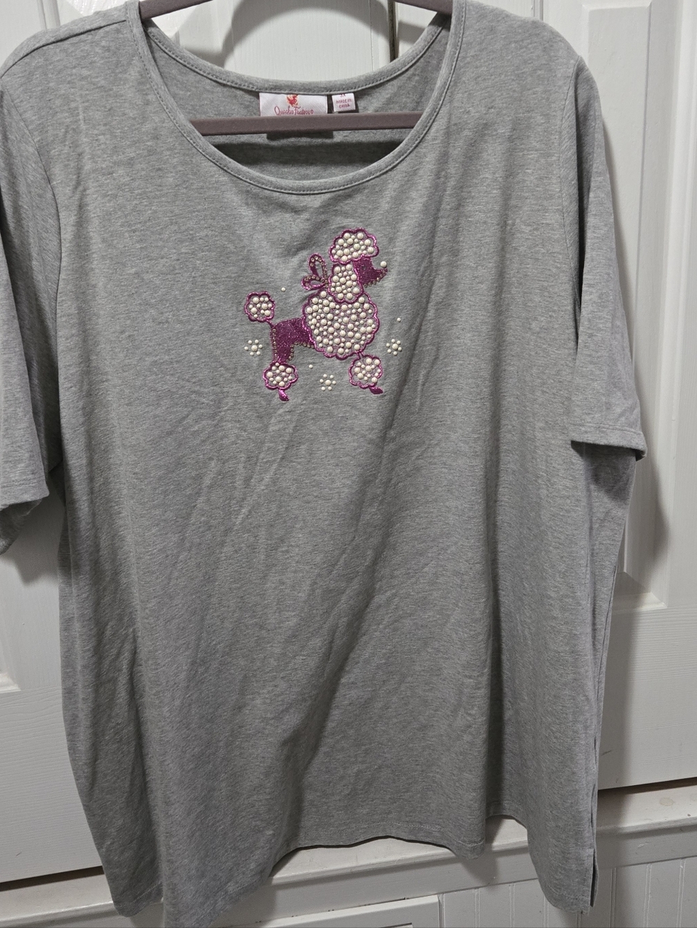 Quacker Factory Gray Tee with Embellished Pink Poodle, 3X